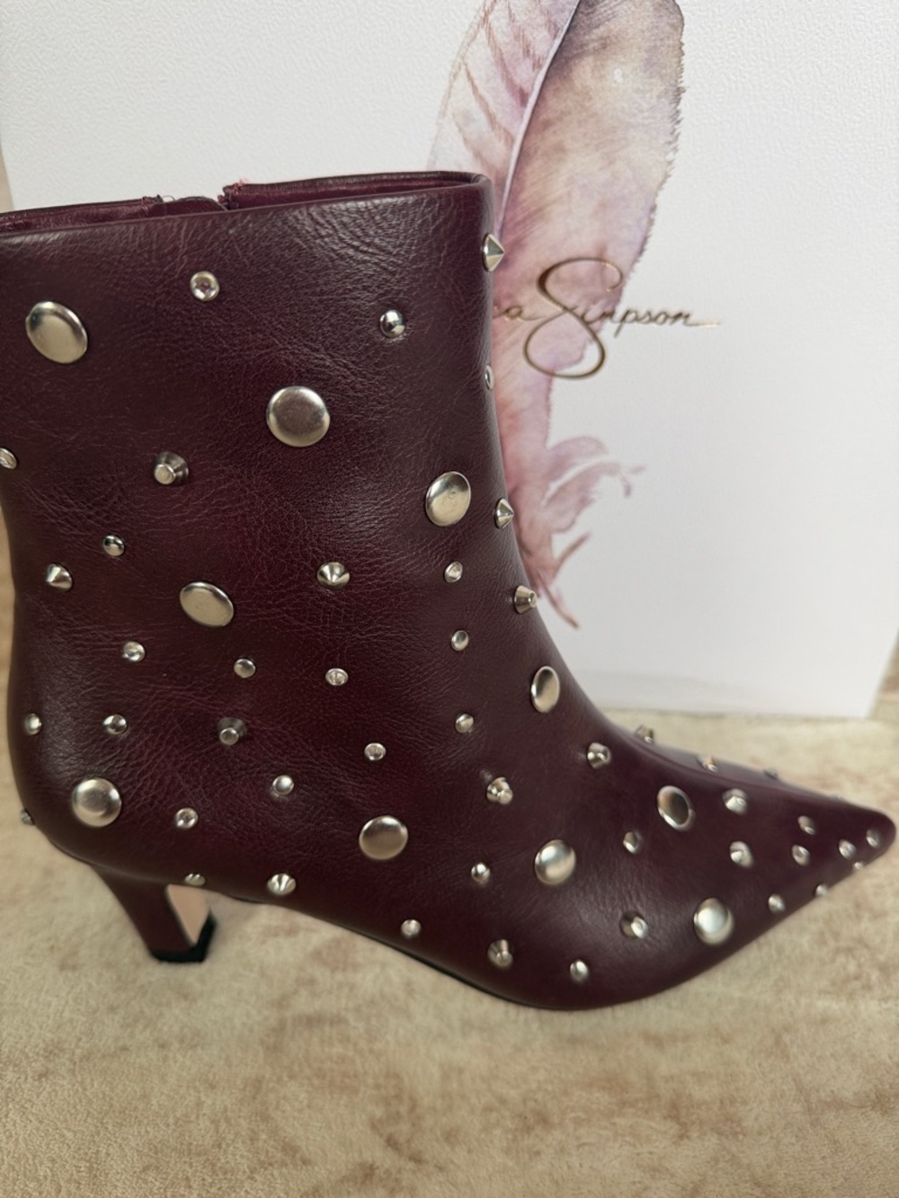 Jessica Simpson Burgundy Studded Pointed-Toe Ankle Boots